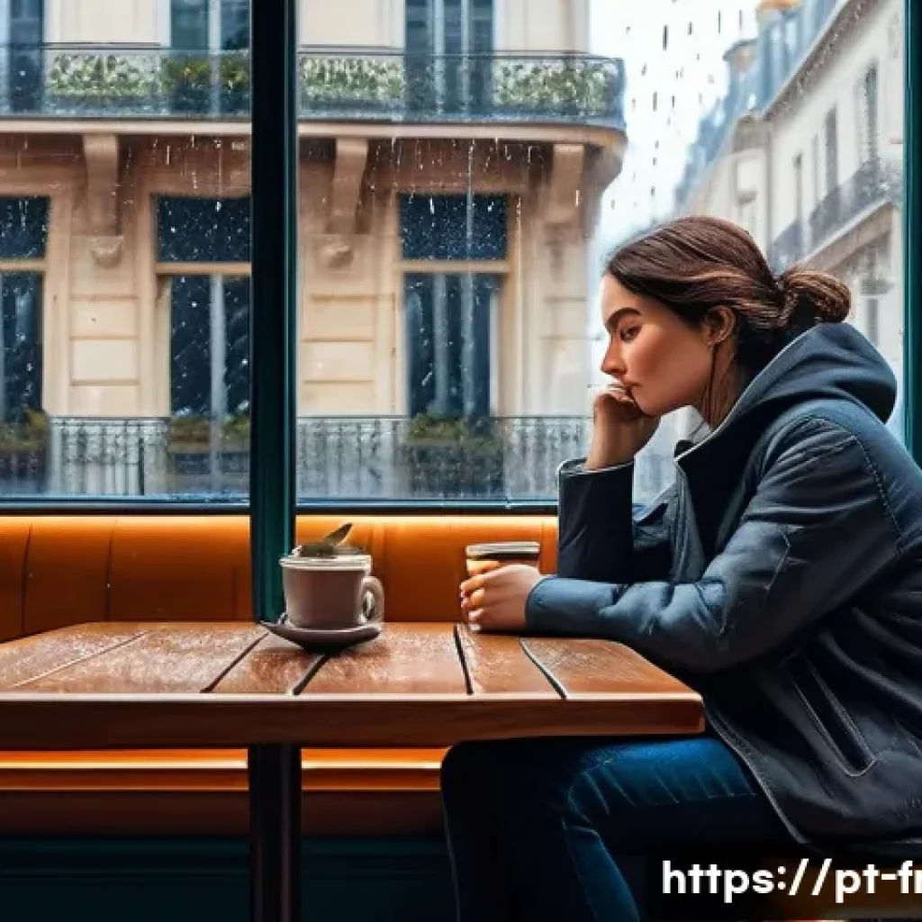 프랑스어 속담과 관용구 - A vivid, artistic illustration of a melancholic person sitting quietly in a cozy Parisian café, gazi...