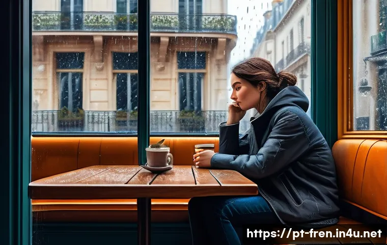 프랑스어 속담과 관용구 - A vivid, artistic illustration of a melancholic person sitting quietly in a cozy Parisian café, gazi...