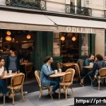 Home 22 프랑스어 회화 표현 - A cozy Parisian café scene in the morning with a diverse group of young adults casually greeting eac...