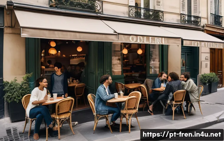 프랑스어 회화 표현 - A cozy Parisian caf&eacute; scene in the morning with a diverse group of young adults casually greeting eac...
