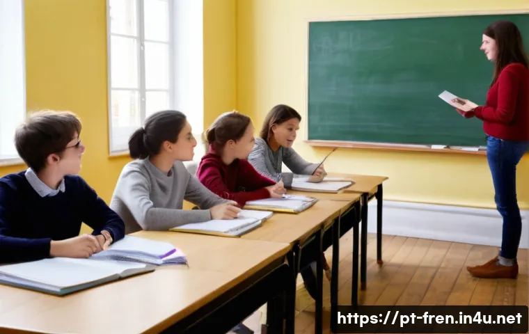 프랑스어 프랑스어 동의어와 반의어 - A cozy French classroom scene featuring a diverse group of adult students engaged in learning vocabu...