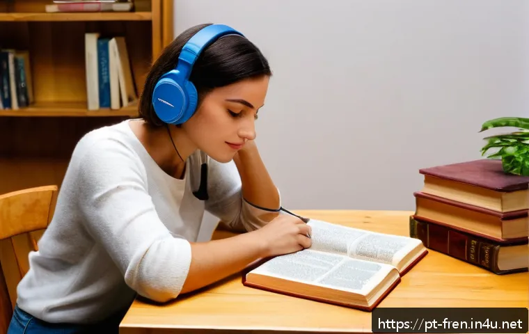 프랑스어 초보자가 흔히 하는 실수 - A cozy indoor scene featuring a Portuguese-speaking adult learning French pronunciation, sitting at ...